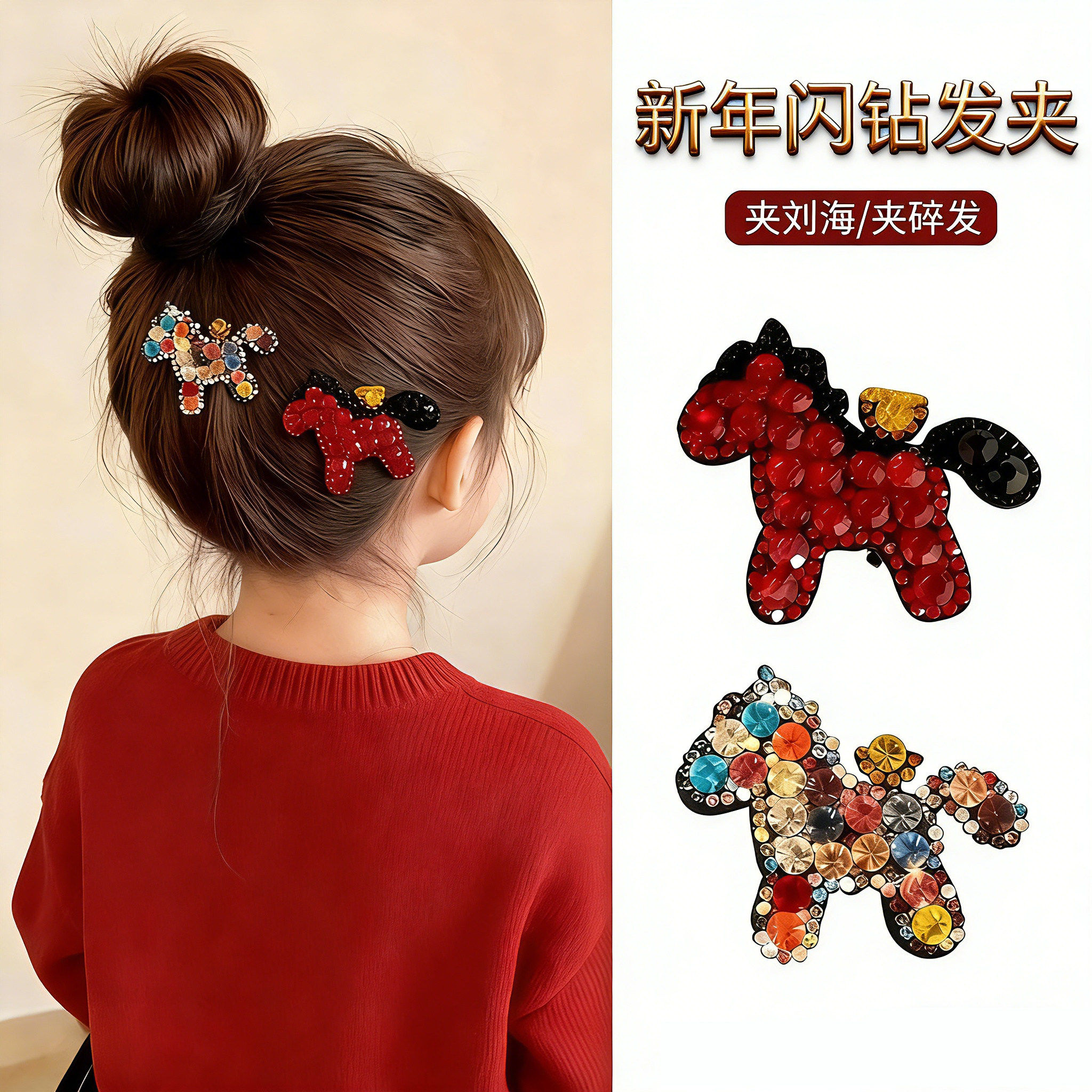 新年闪钻小马发夹个性精致发夹女马年轻奢碎钻侧边浏海夹水钻头饰