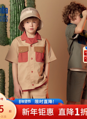 nbakids童装夏季男女童翻领短袖撞色衬衫舒适潮流上衣K242SH330P