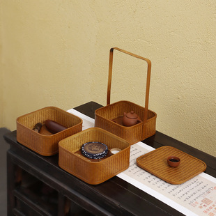 竹编提篮仿古中式手提食盒月饼礼盒包装 茶具茶杯收纳 茶点野餐篮