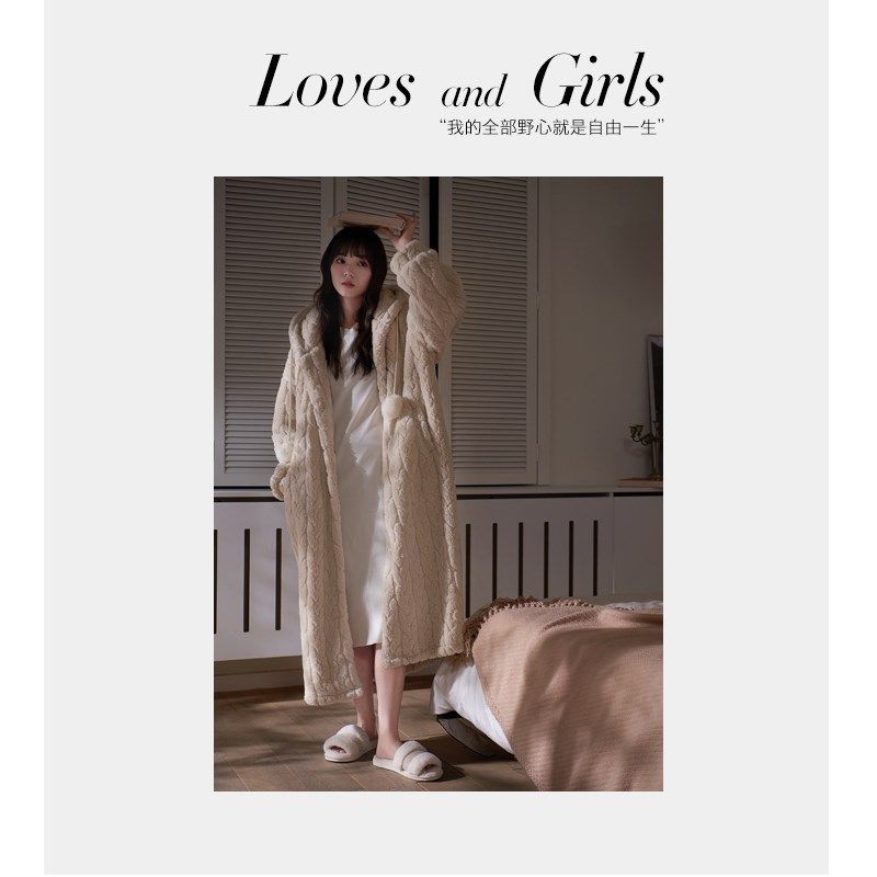 思莉太太冬季睡袍女珊瑚绒加厚加绒秋冬款毛绒连帽超长款外套睡衣