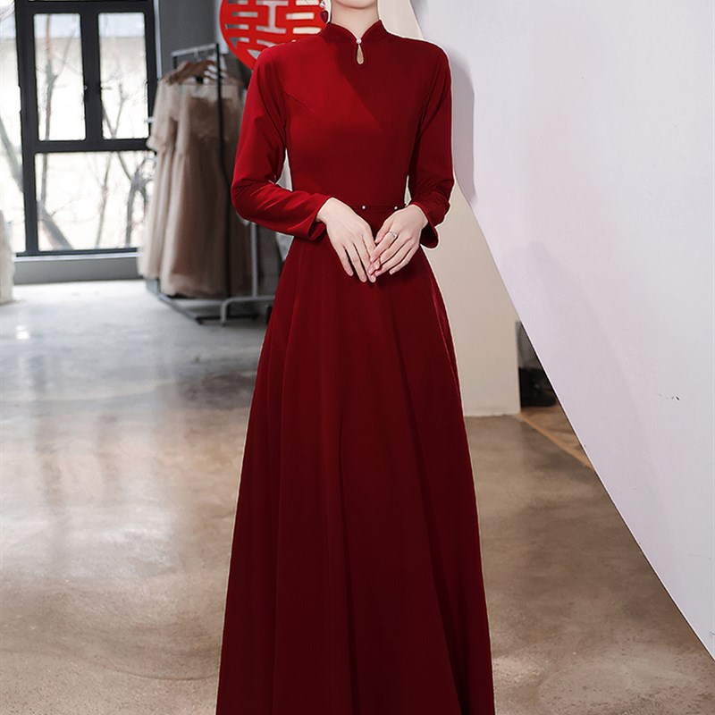 长袖敬酒服新娘秋冬季气质名媛结婚旗袍礼服裙女新中式长款回门