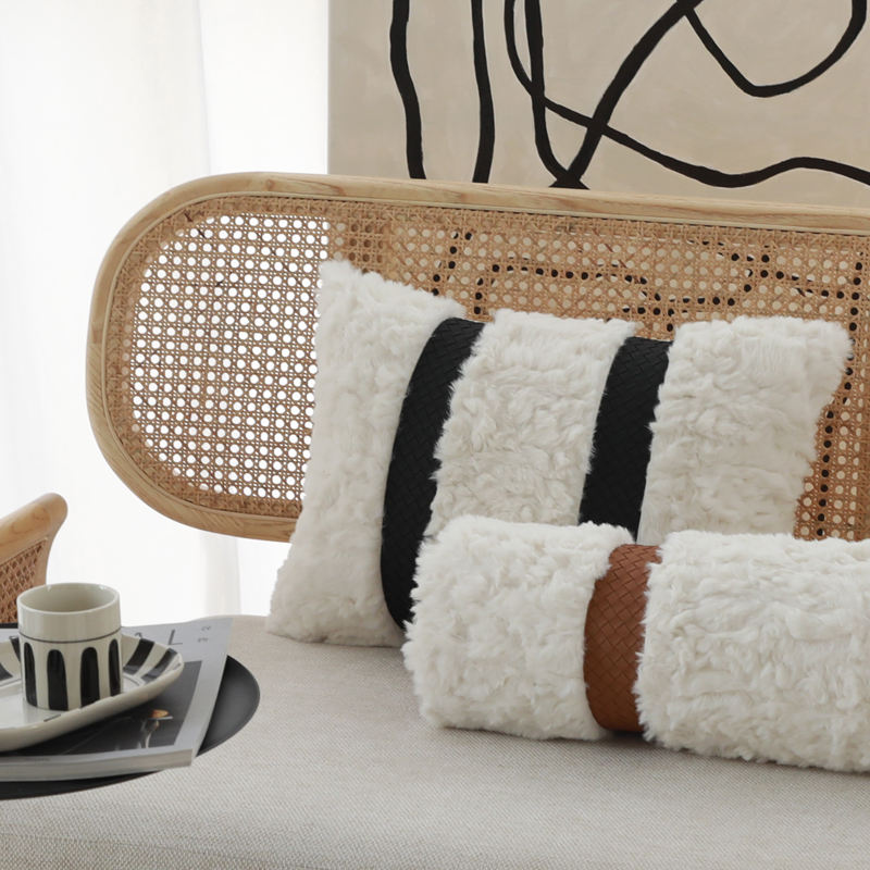 沙发圆柱枕靠垫套方形样板房酒店轻奢抱枕白色毛绒PU皮拼接