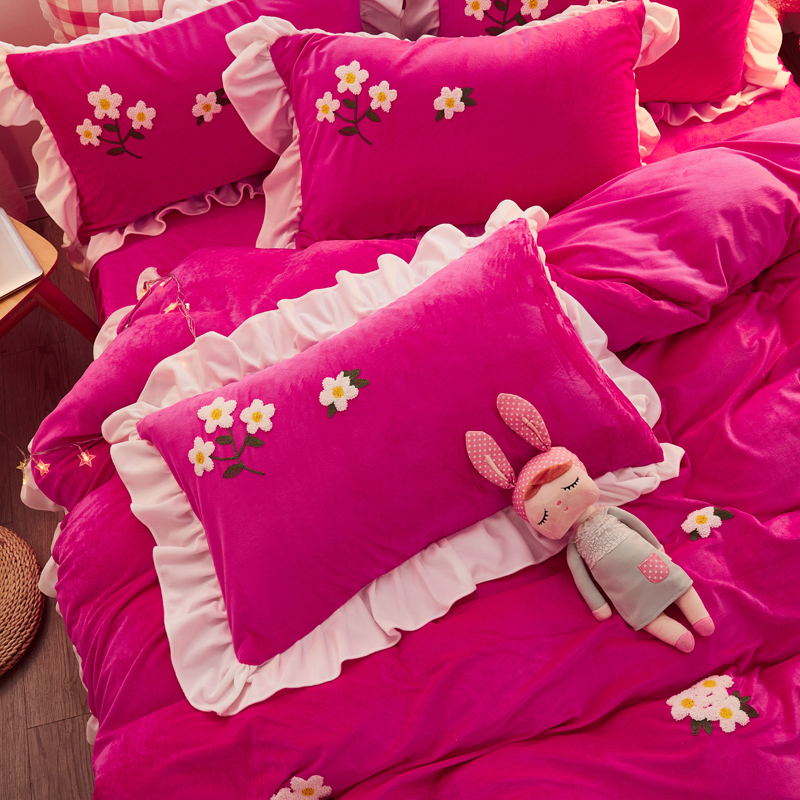 树莓粉暖暖~加厚双面加绒牛奶水晶绒单人枕套枕巾一对装枕芯套子