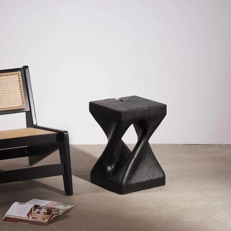 侘寂风碳化实木墩子圆凳边几原木矮凳设计师民宿树桩摆件复古椅凳