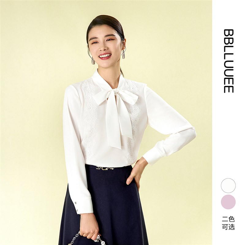 【优雅蕾丝贴花白衬衫】粉蓝衣橱2025春装新款飘带气质长袖衬衣女