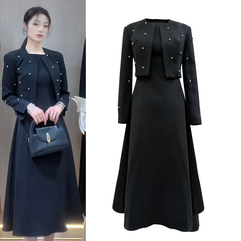 珍珠小西服外套女眼泪女王款背心连衣裙两件套中长款气质收腰长裙