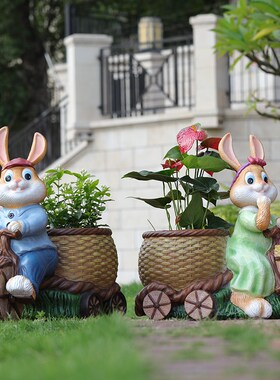 户外卡通小兔子动物花缸雕塑幼儿园花盆别墅庭院花园阳台装饰摆件