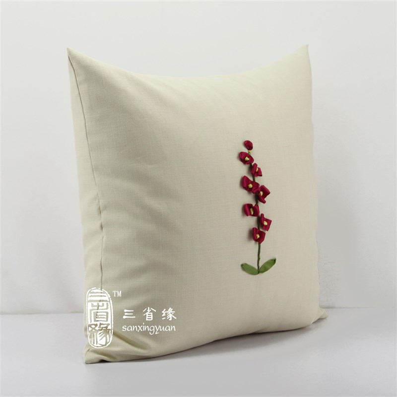 蜀葵 成品丝带绣抱枕靠垫午睡枕居家靠包沙发大靠背套 不含芯包邮