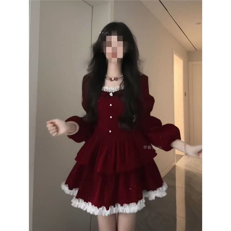 富家千金甜辣妹红色丝绒连衣裙女秋冬季新年圣诞穿搭公主蓬蓬裙子
