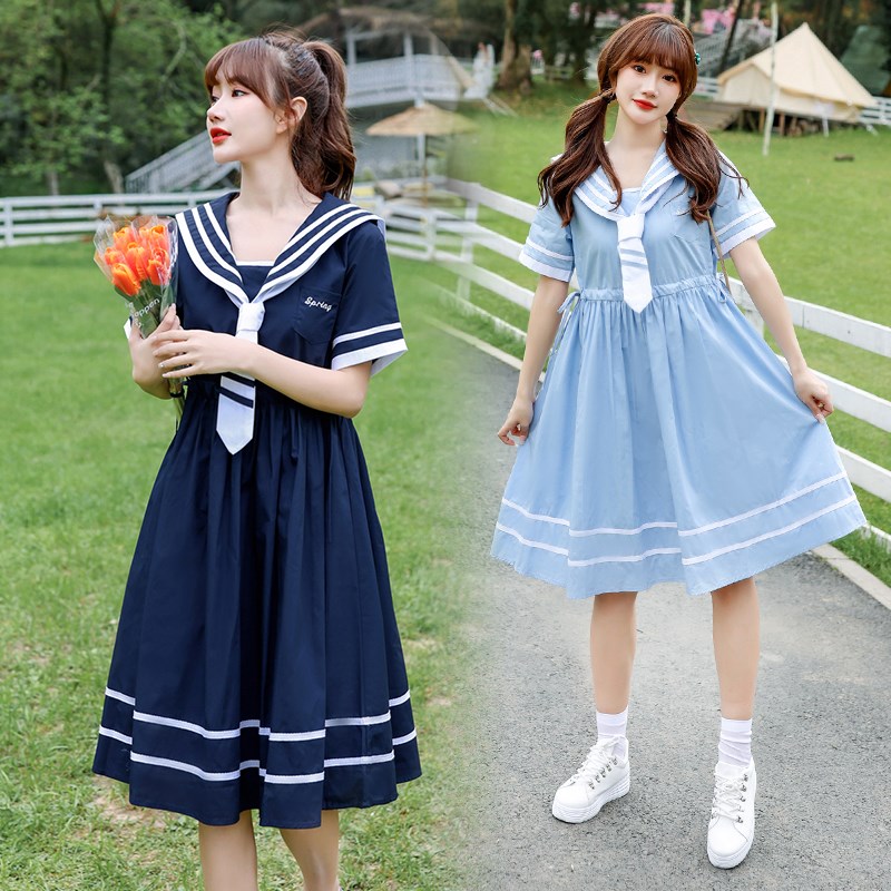 水手服连衣裙夏装少女大童日系公主长裙初中高中学生收腰显瘦裙子