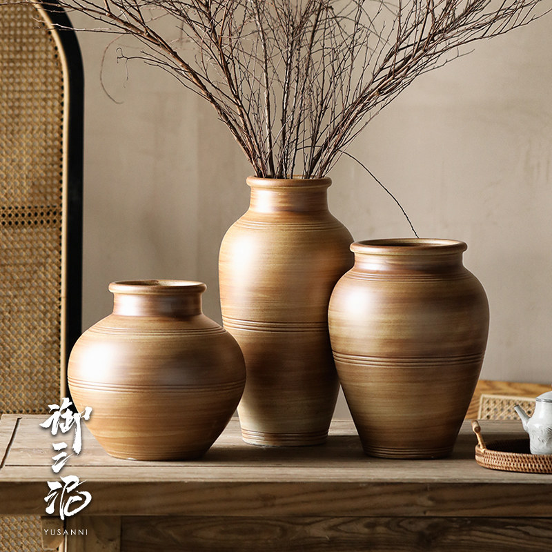 御三泥复古螺纹中式侘寂风装饰品家居台面民宿摆件插干花陶瓷花瓶,家居饰品,家饰软装搭配套装,淘宝优惠券,粉丝福利购,淘宝优惠卷