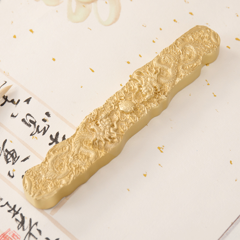 文房四宝黄铜纸镇双龙戏珠金属铜镇尺镇纸毛笔压纸