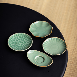 竹青釉陶瓷杯垫复古风茶杯托中式小杯碟茶托家用功夫茶具配件