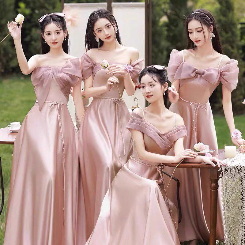 粉色缎面伴娘服2024新款高级小众闺蜜姐妹团礼服裙女微胖平时可穿