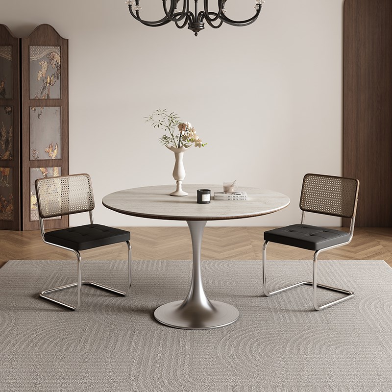 洞石岩板圆桌家用圆餐桌小户型中古风圆形饭桌郁金香洽谈桌椅组合