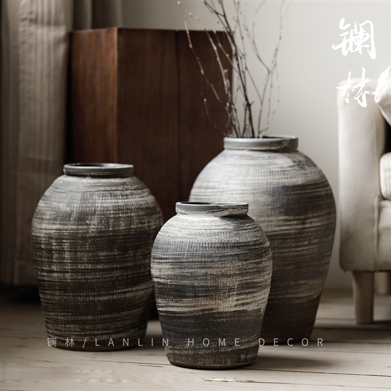 南蛮风土陶罐粗陶花瓶落地黑色瓮罐禅意侘寂民宿花盆陶缸瓮缸陶瓷