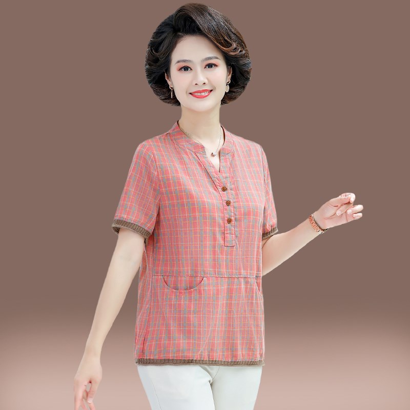 中老年人纯棉短袖衬衫女夏季新款格子套头T恤上衣妈妈装全棉衬衣