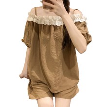 睡衣女夏季薄款短袖云朵棉宽松夏天可爱性感一字肩家居服两件套装