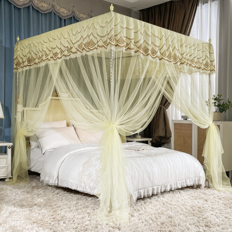 蚊帐结婚家用红色宫廷床帐落地婚房床幔加密三开门公主帐子床帘