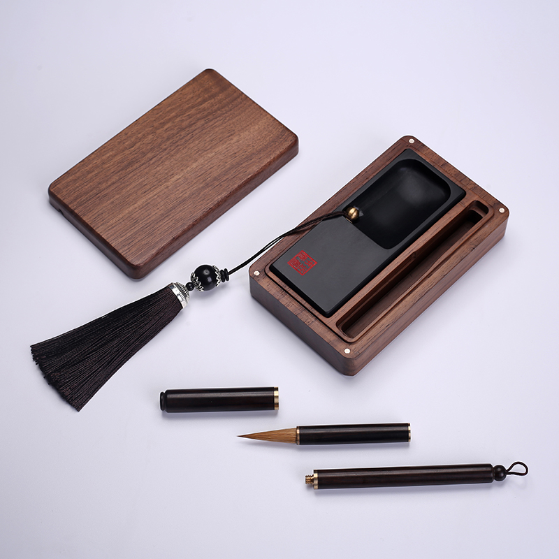 万石君 文创产品便携式书画套装随身携带歙砚 天然原石高档文房四