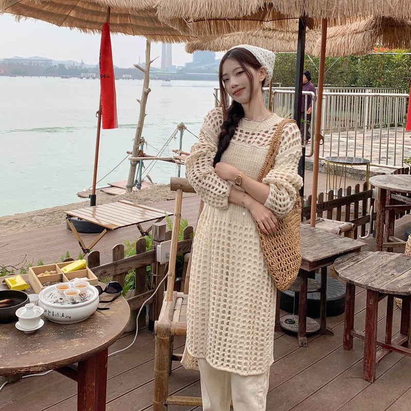 小艺米杏色法式气质镂空针织连衣裙中长款叠穿空调罩衫度假裙子夏