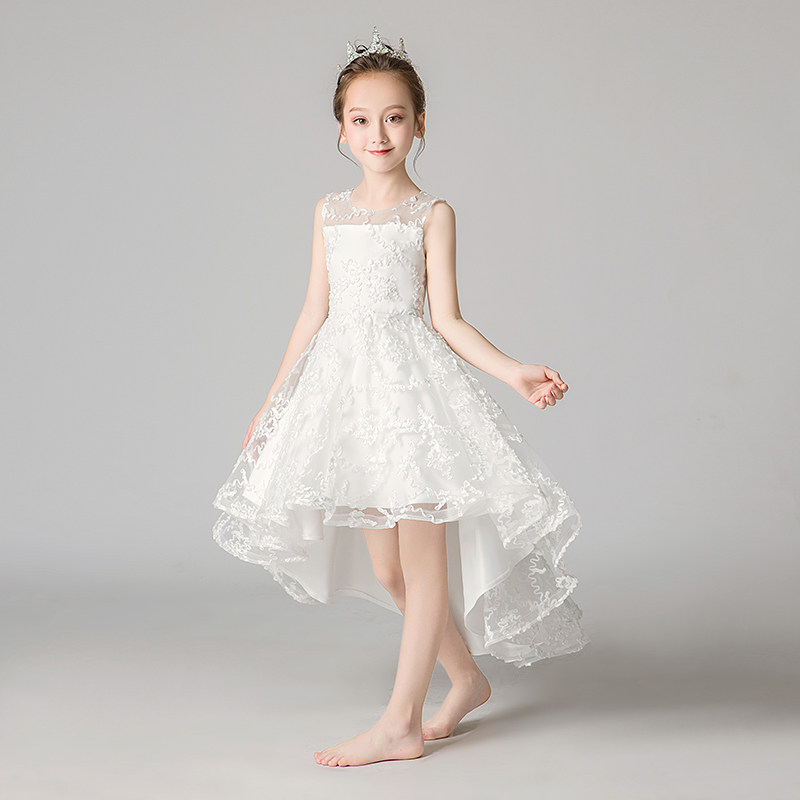 儿童礼服公主裙女童蓬蓬纱前短後长生日白色花童主持人钢琴演出服