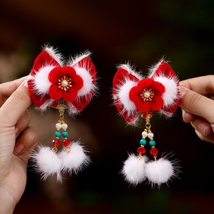 新年宝宝汉服头饰红色蝴蝶结毛球流苏发夹古风中国风女童绒花对夹