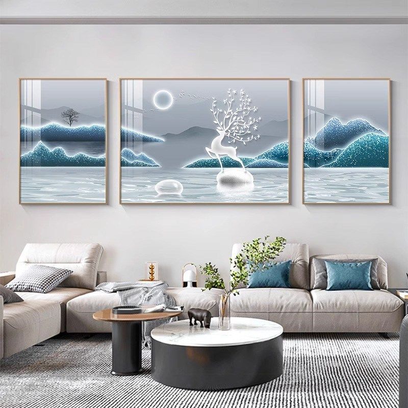 客厅山水画沙发背景墙挂画轻奢高级感装饰画大气蓝色抽象三联壁画,家居饰品,现代装饰画,淘宝优惠券,粉丝福利购,淘宝优惠卷