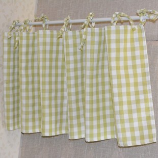 简约田园风双面浅绿格系带短帘宿舍遮挡魔术贴挂帘窗帘免打孔装 饰