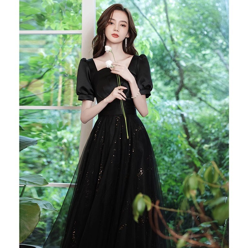 黑色晚礼服裙女宴会气质名媛轻奢小众高端法式洋装婚礼庆典演出服