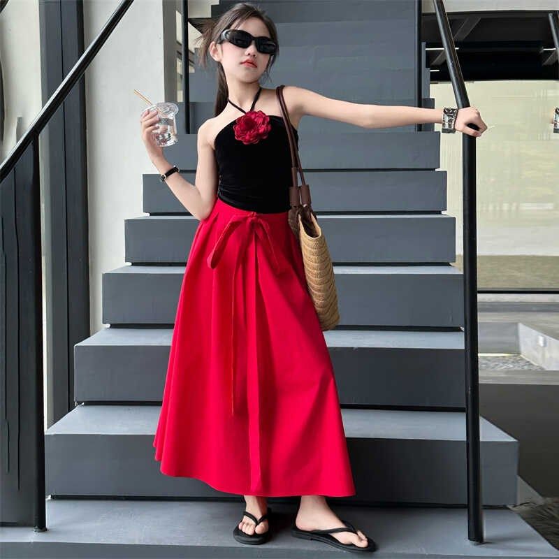 女孩夏装法式时尚套装海边度假挂脖吊带背心大裙摆蝴蝶结红色长裙