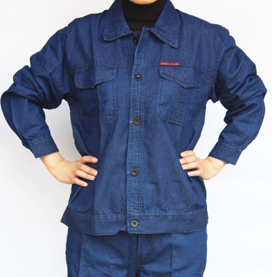 牛仔工作服套装男焊工夏季电焊超薄款纯棉劳保服印字防烫耐磨透气