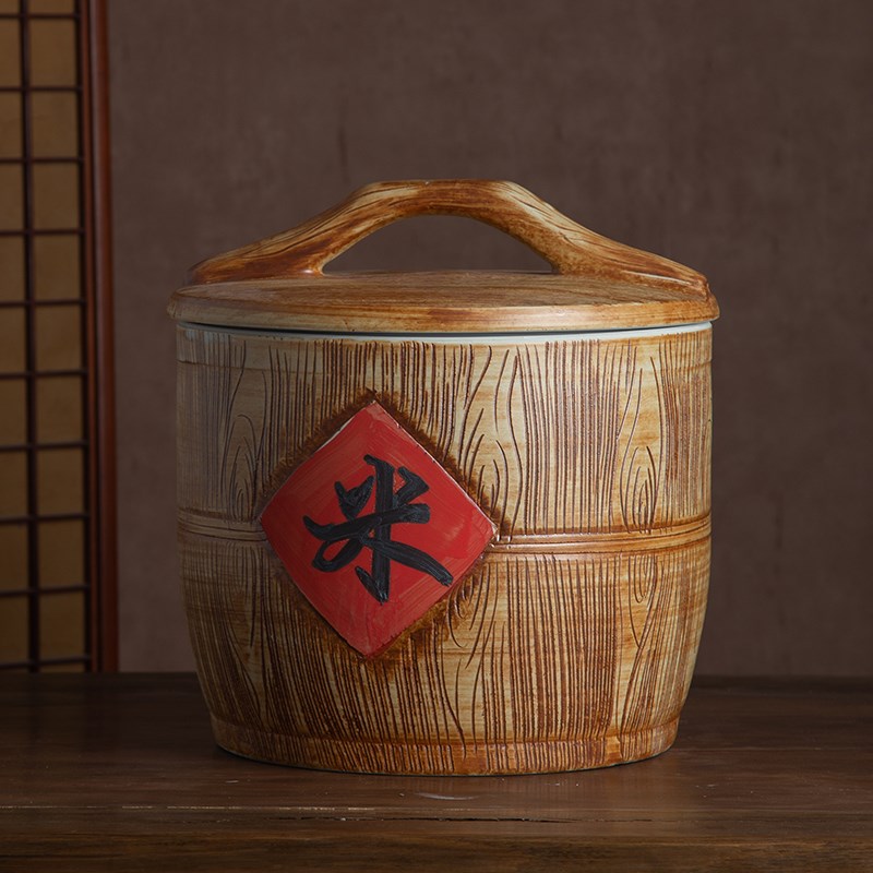 景德镇陶瓷米缸米桶10斤20斤30斤装带盖木纹面粉罐家用密封储物罐