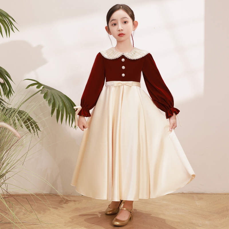 女童礼服红色公主裙花童婚礼小女孩儿童主持人钢琴演奏比赛演出服