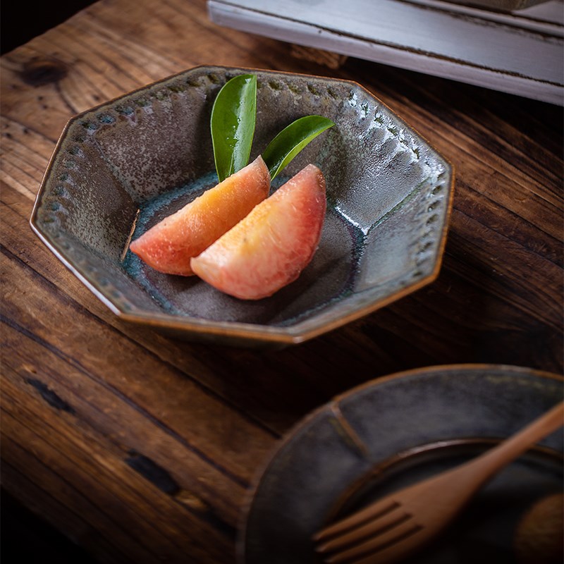 莳绘金缮日式粗陶复古星光灰八角碗碟家用面碗菜盘商用景德镇餐具