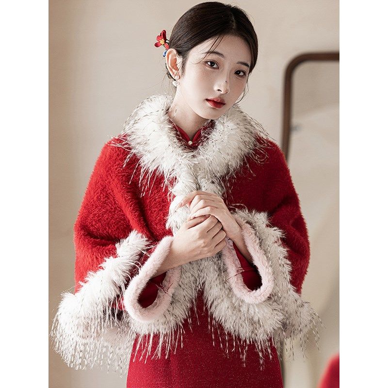 红色敬酒服旗袍毛披肩新娘披风结婚婚礼外搭斗篷外套加绒加厚冬季
