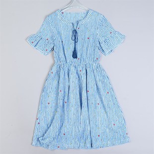 中长裙子 1018日系甜美条纹碎花连衣裙L80165夏减龄少女感收腰短袖