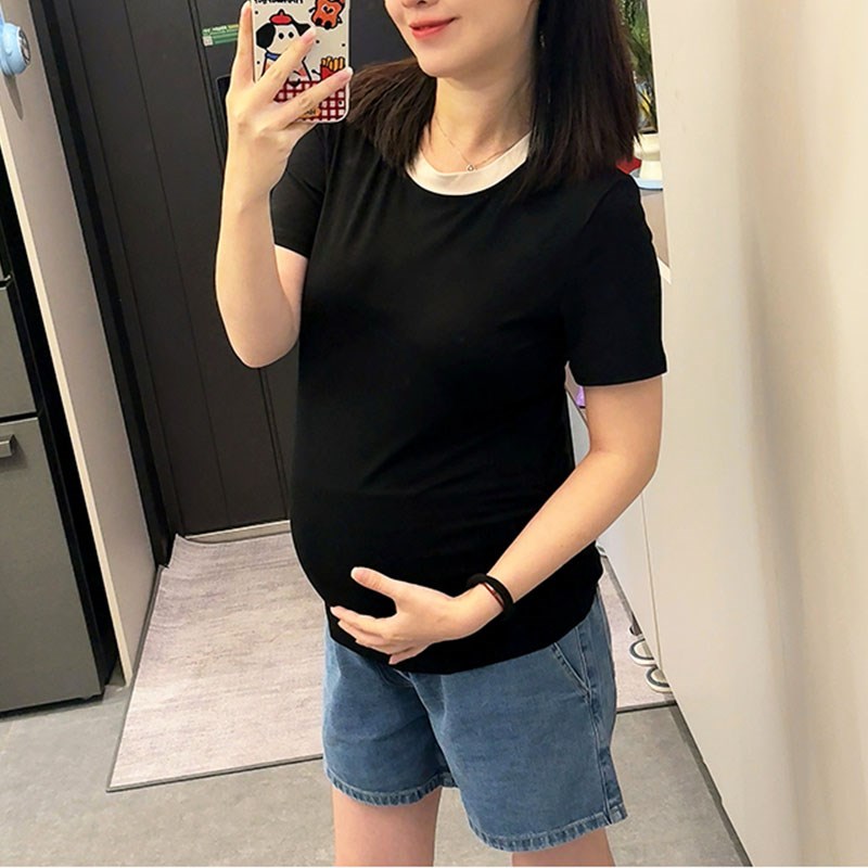 孕妇T恤夏装新款时尚拼色百搭上衣夏季圆领显瘦孕期休闲短袖衫女