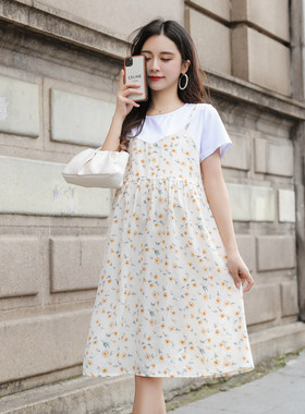 吊带裙孕妇夏装小个子雪纺碎花裙假两H件套装连衣裙女纯棉大码裙