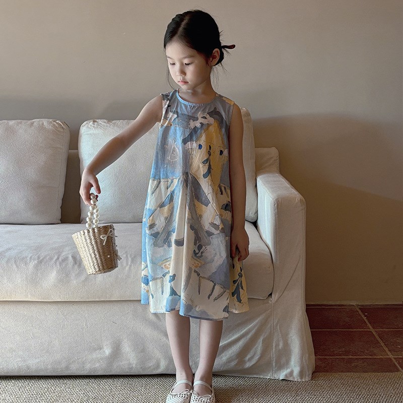 2025夏新款韩国女童涂鸭背心裙宝宝可爱卡通纯棉宽松裙子薄连衣裙