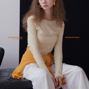 莫里公园 微透圆领休闲淡鹅黄打底T恤 百搭简约显瘦长袖防晒上衣