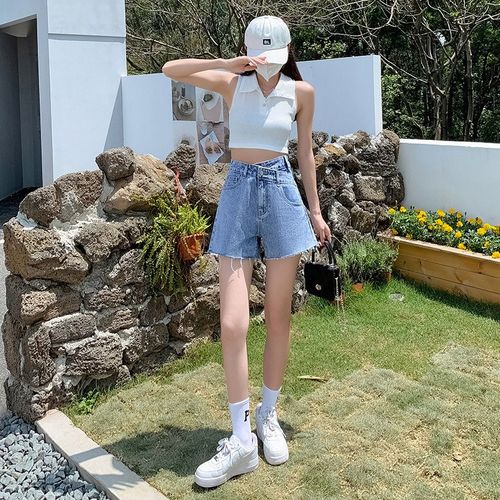 浅蓝色高腰宽松毛边牛仔短裤女2025夏季休闲学生百搭a字阔腿热裤