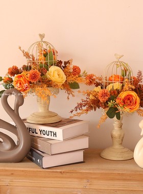 复古花艺鸟笼铁艺摆件客厅插花假花卧室桌面装饰品乔迁新居礼品