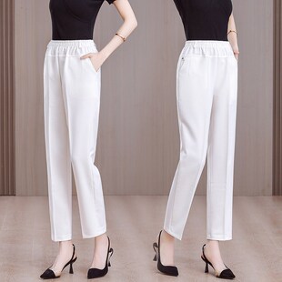 子大码 宽松女装 休闲裤 中老年妈妈夏季 薄款 棉麻裤 松紧腰九分裤 新款
