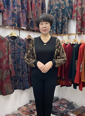 中老年拼接时尚金丝弹T恤衫女2022春季新款舒适大码女装拼接小衫