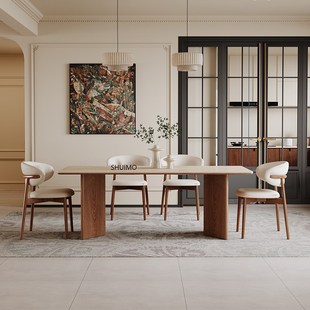 德利丰岩板洞石法式 餐桌家用小户型轻奢奶油椭圆长方形餐桌子客厅