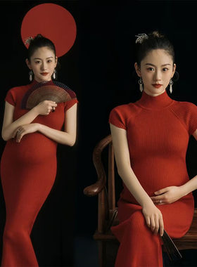 影楼孕妇中国风主题写真新款复古民G国红色针织孕妈咪改良款旗袍