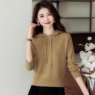 连帽针织衫女秋冬女装2024新款小个子上衣高级感短款毛衣带帽卫衣