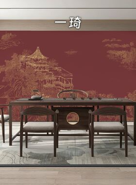 新中式楼阁c线条墙布定制壁画电视背景墙客厅酒店餐厅装饰壁纸