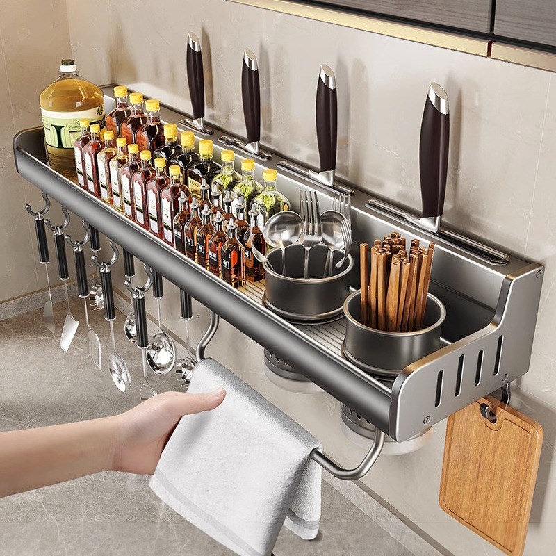 厨房多功能置物架m调料架加厚刀架免打孔壁挂式筷子筒收纳菜刀具